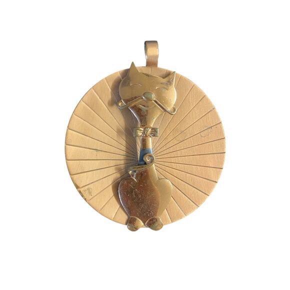 vintage 1960s huge copper cat pendant 3D mustache 60s novelty necklace mod - Picture 1 of 8